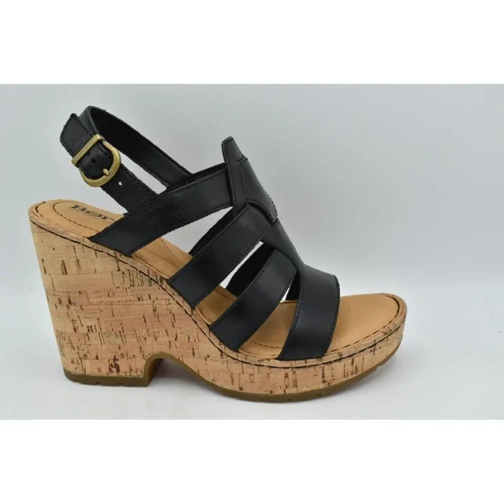 Born Womens Size 9 Bernese Cage Black Leather Wedge‎ Sandals Shoes